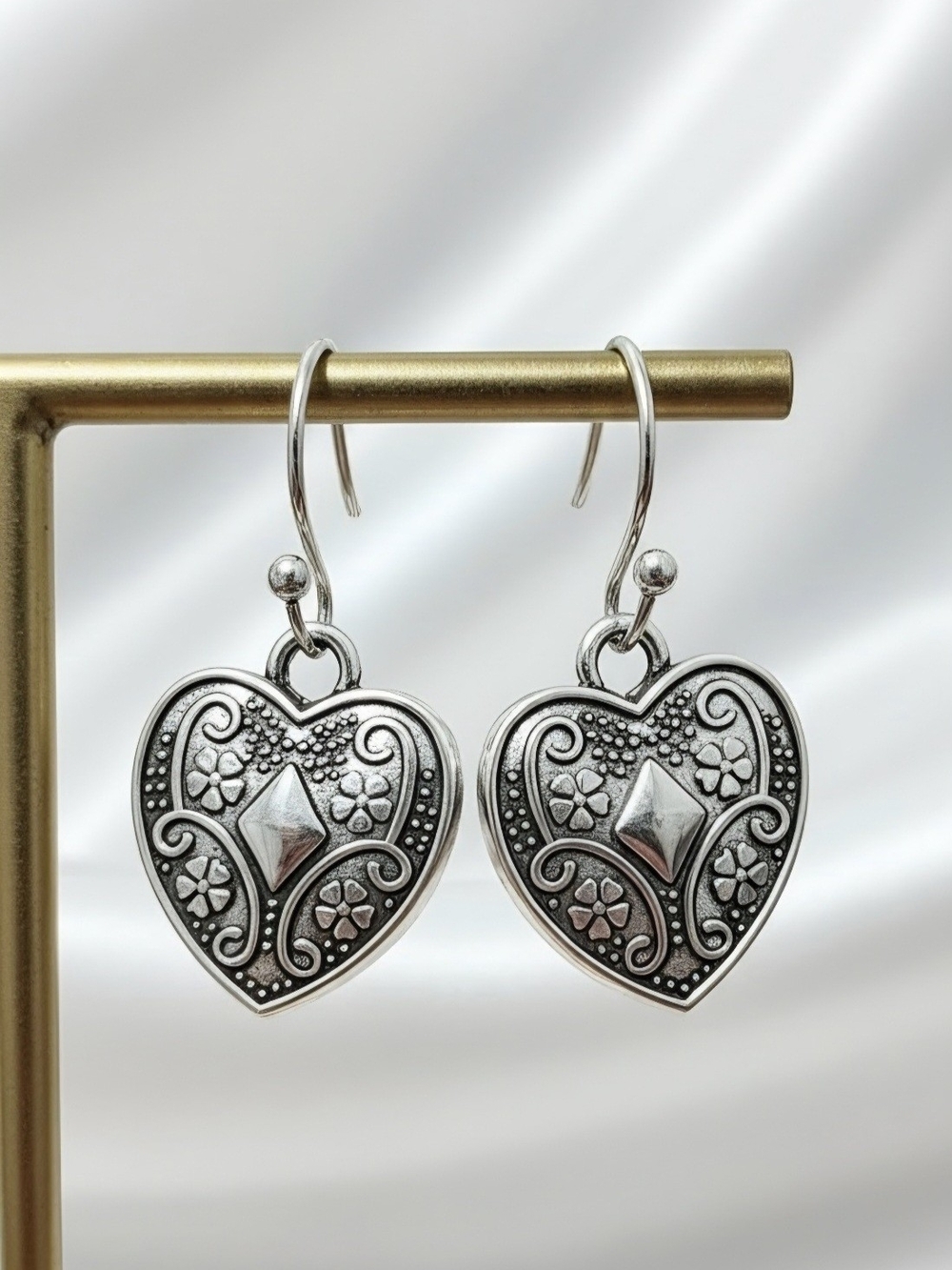 Vintage Style Silver Heart Floral Drop Earrings - Silver